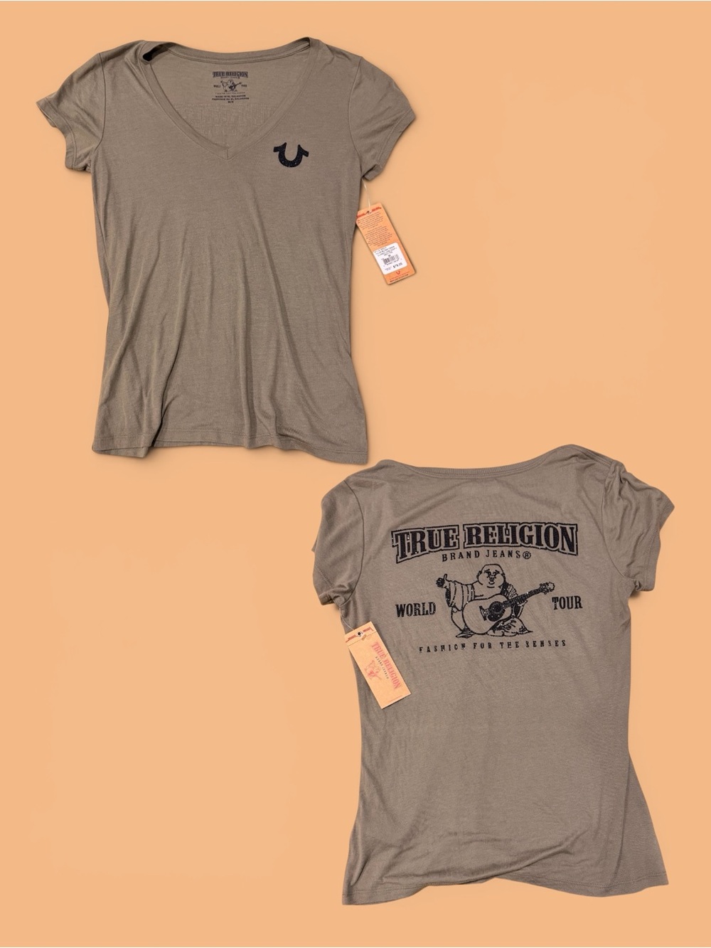 True Religion Olive Green V-Neck Logo & Back Graphic Tee